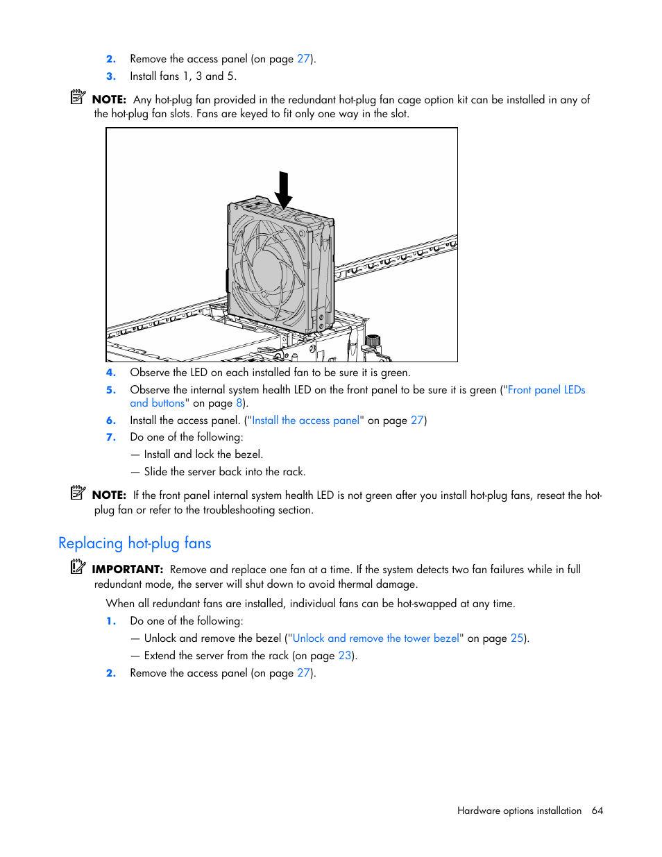 Replacing hot-plug fans | HP ProLiant ML570 G4 Server User Manual | Page 64 / 125