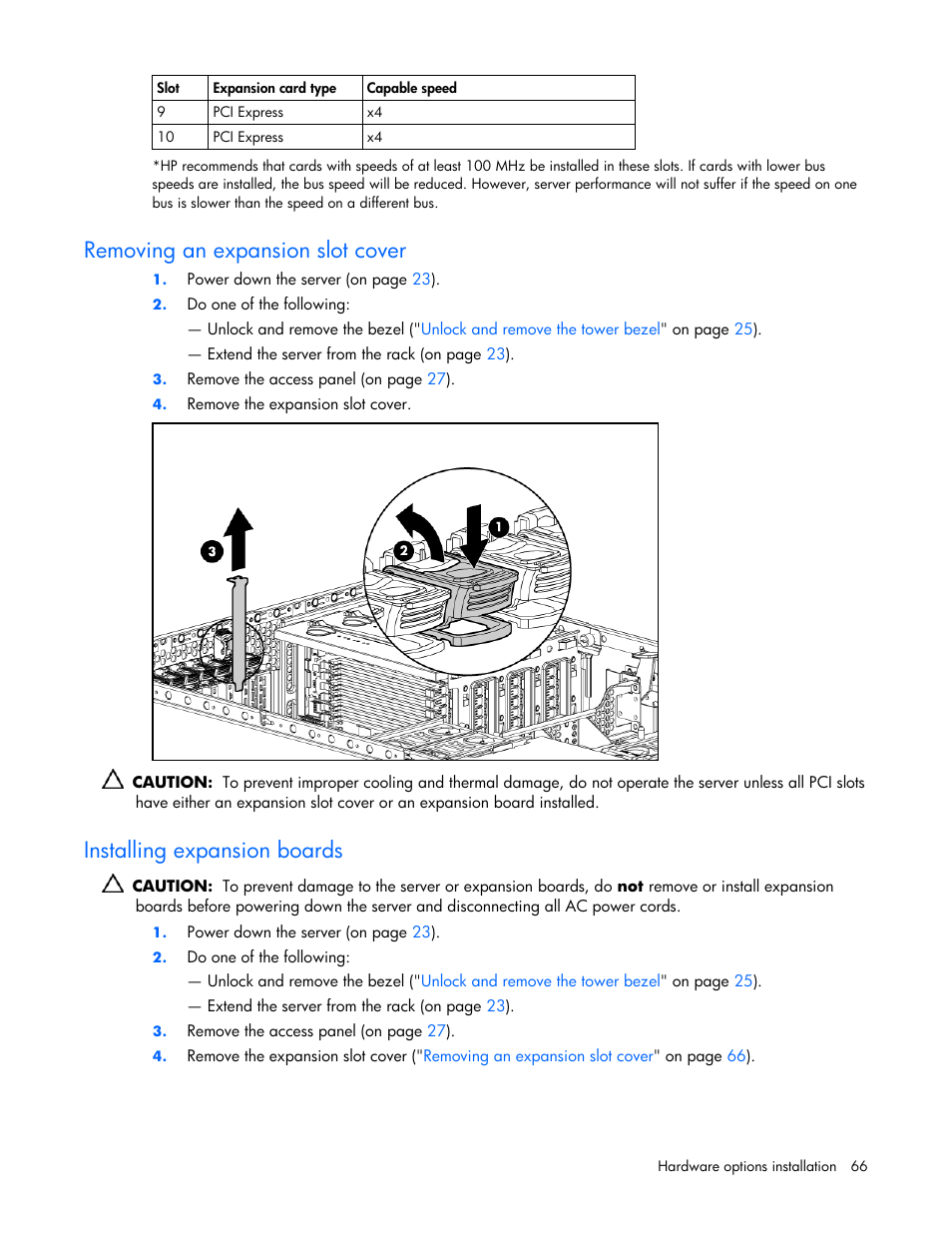 Removing an expansion slot cover, Installing expansion boards | HP ProLiant ML570 G4 Server User Manual | Page 66 / 125