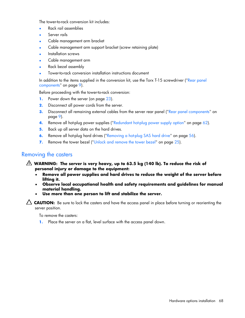 Removing the casters | HP ProLiant ML570 G4 Server User Manual | Page 68 / 125