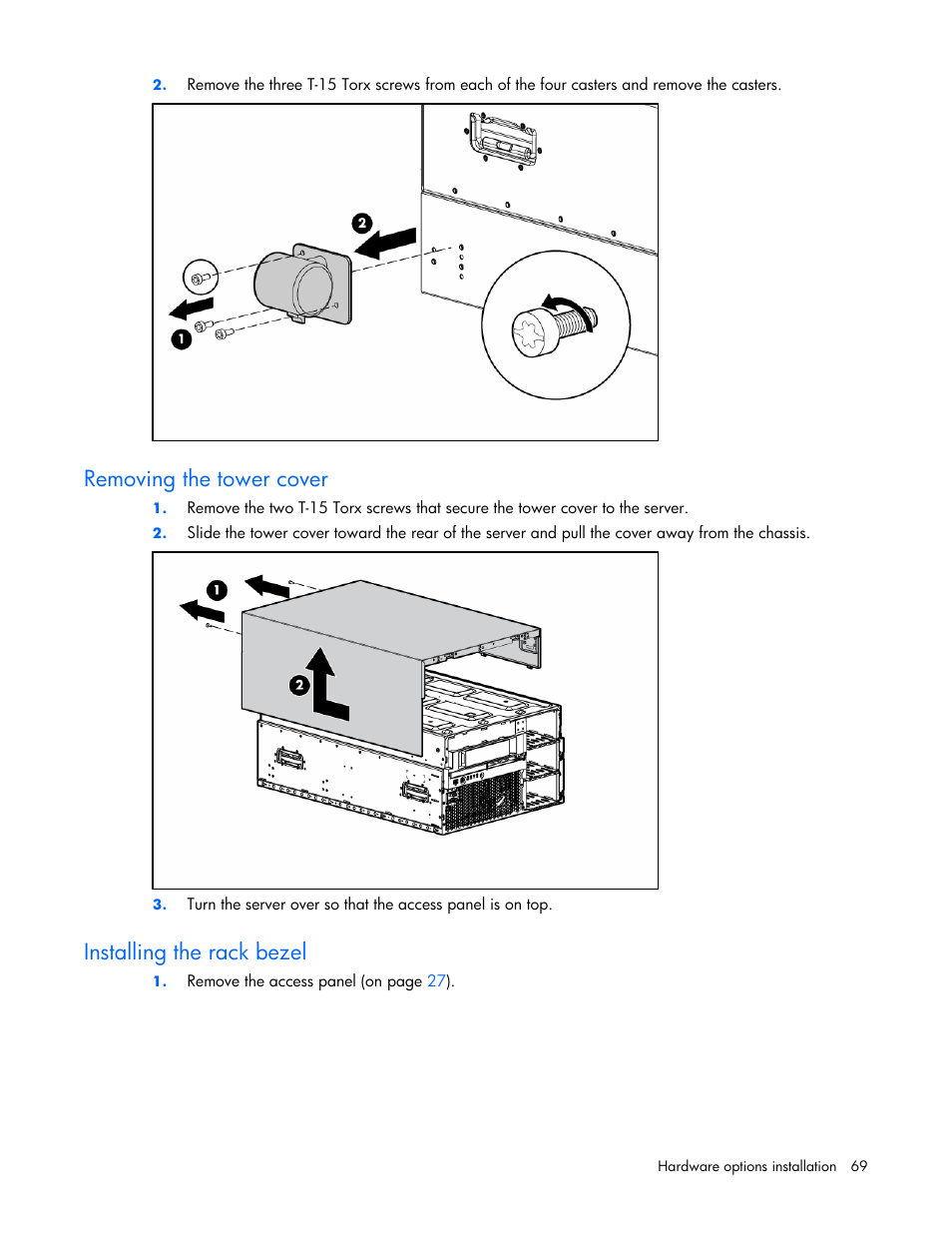 Removing the tower cover, Installing the rack bezel | HP ProLiant ML570 G4 Server User Manual | Page 69 / 125