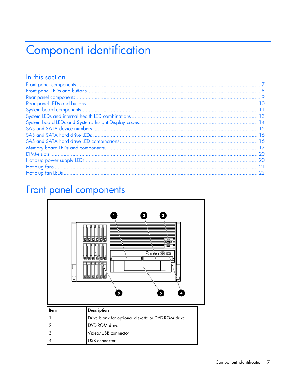 Component identification, Front panel components | HP ProLiant ML570 G4 Server User Manual | Page 7 / 125