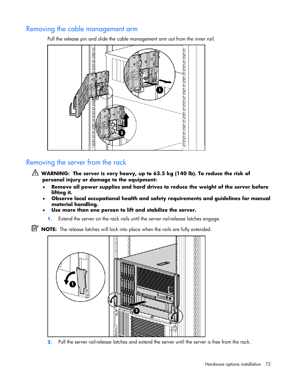 Removing the cable management arm, Removing the server from the rack | HP ProLiant ML570 G4 Server User Manual | Page 72 / 125