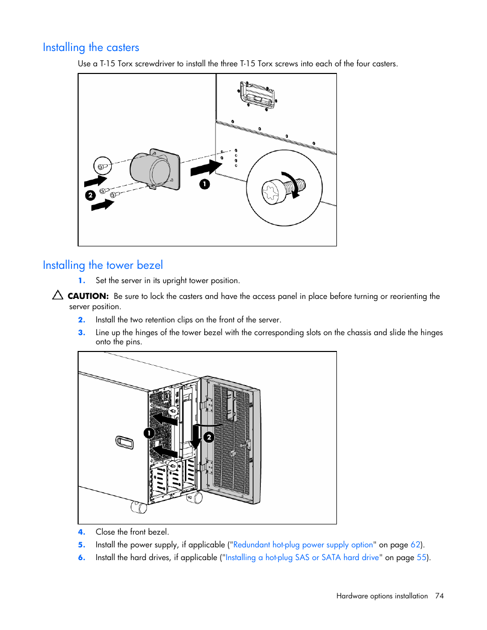 Installing the casters, Installing the tower bezel | HP ProLiant ML570 G4 Server User Manual | Page 74 / 125
