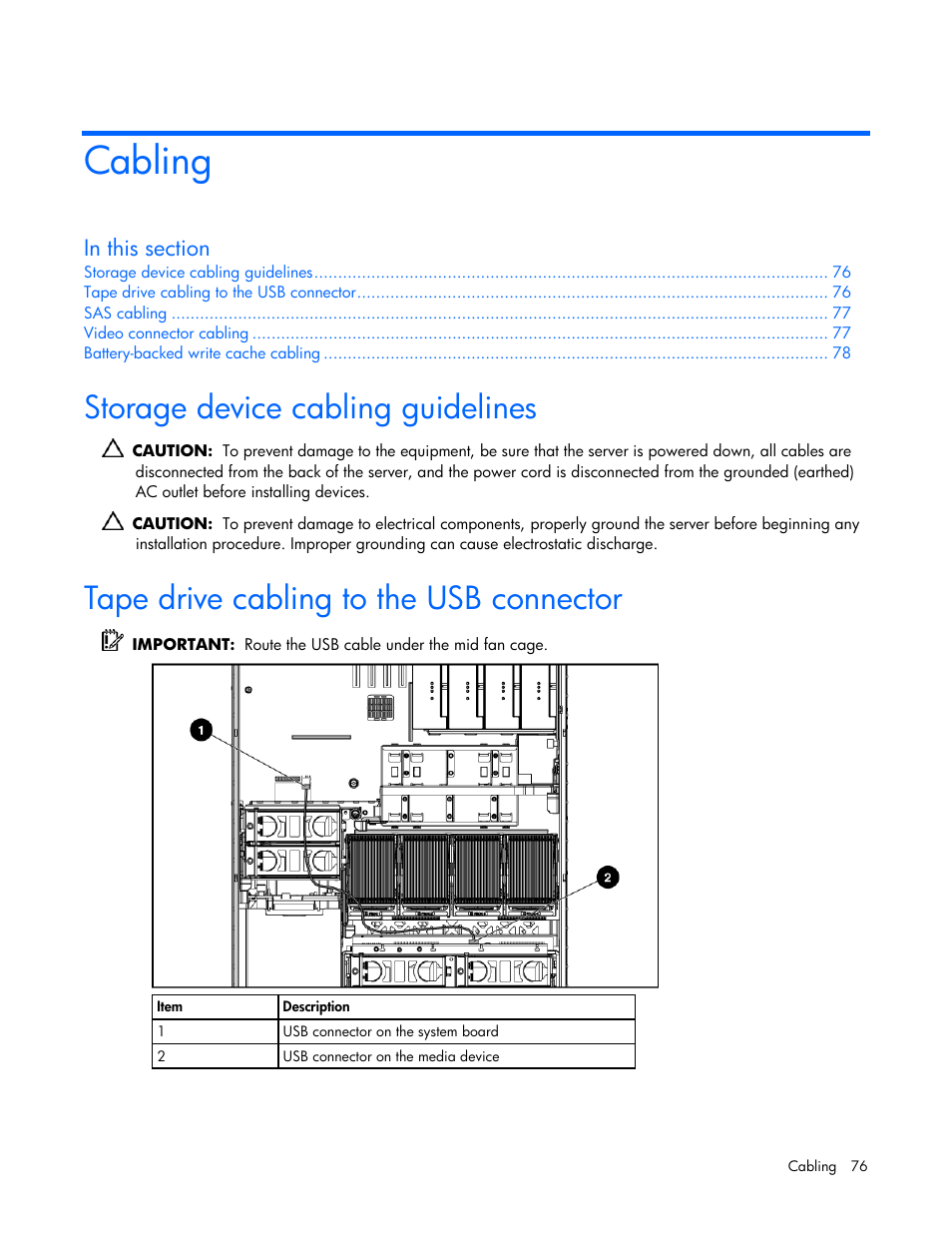 Cabling, Storage device cabling guidelines, Tape drive cabling to the usb connector | HP ProLiant ML570 G4 Server User Manual | Page 76 / 125