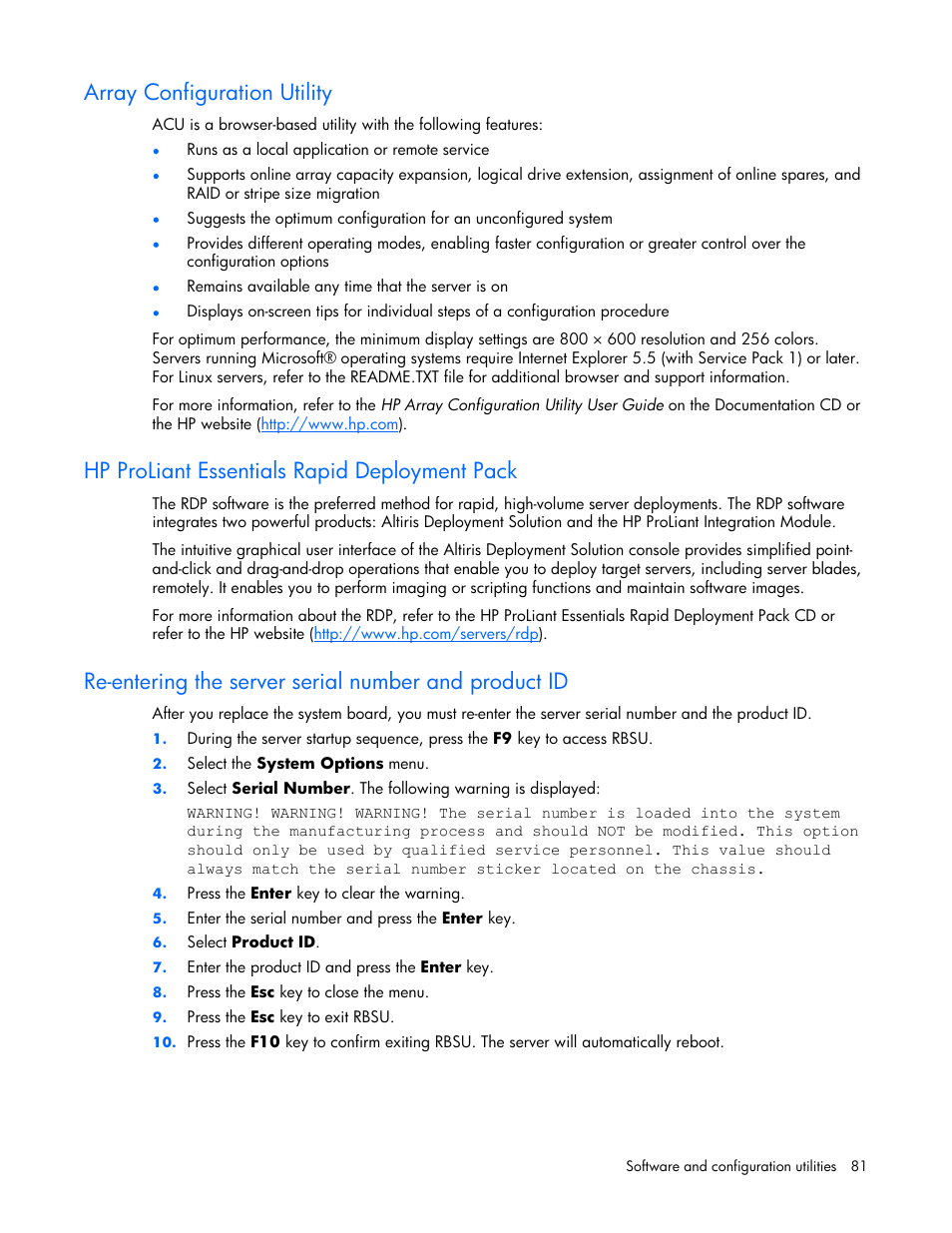 Array configuration utility, Hp proliant essentials rapid deployment pack, Array diagnostic | HP ProLiant ML570 G4 Server User Manual | Page 81 / 125