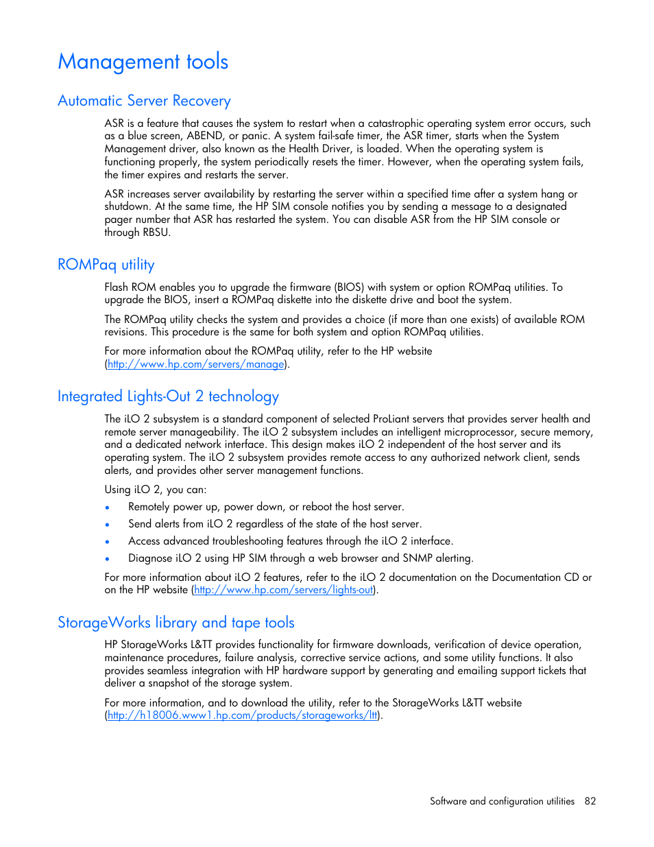 Management tools, Automatic server recovery, Rompaq utility | Integrated lights-out 2 technology, Storageworks library and tape tools | HP ProLiant ML570 G4 Server User Manual | Page 82 / 125
