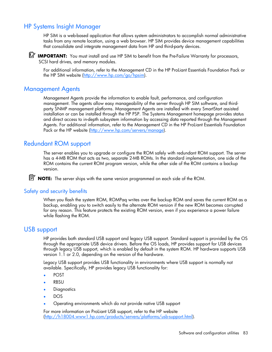Hp systems insight manager, Management agents, Redundant rom support | Safety and security benefits, Usb support | HP ProLiant ML570 G4 Server User Manual | Page 83 / 125