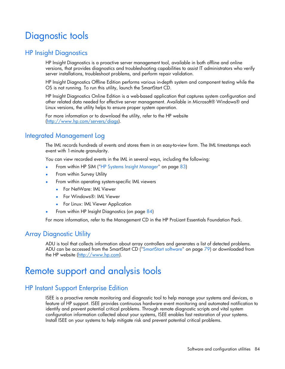 Diagnostic tools, Hp insight diagnostics, Integrated management log | Array diagnostic utility, Remote support and analysis tools, Hp instant support enterprise edition, 84 remote support and analysis tools, And erase utility | HP ProLiant ML570 G4 Server User Manual | Page 84 / 125