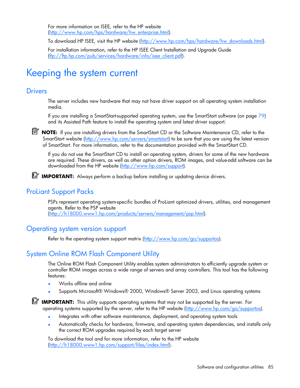 Keeping the system current, Drivers, Proliant support packs | Operating system version support, System online rom flash component utility | HP ProLiant ML570 G4 Server User Manual | Page 85 / 125