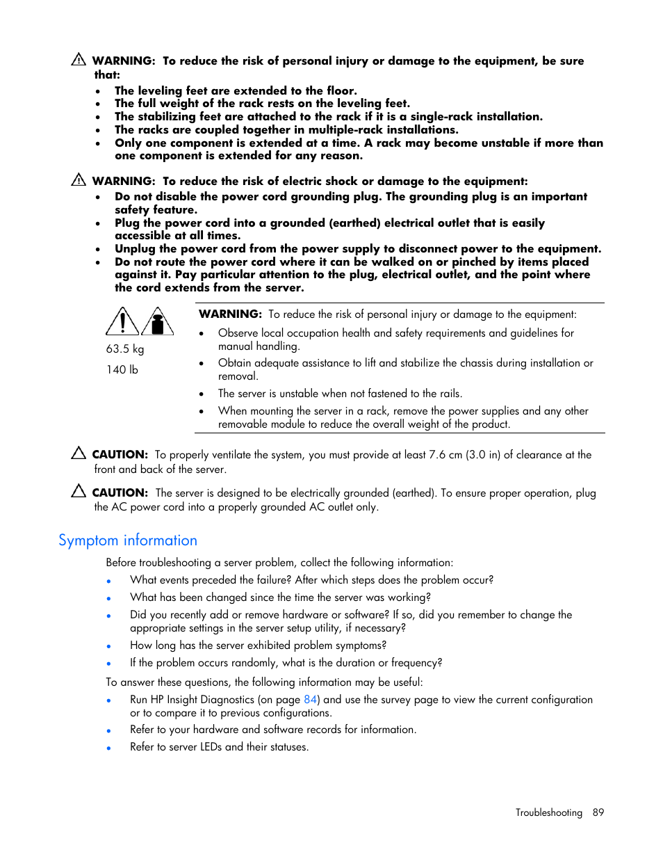 Symptom information | HP ProLiant ML570 G4 Server User Manual | Page 89 / 125