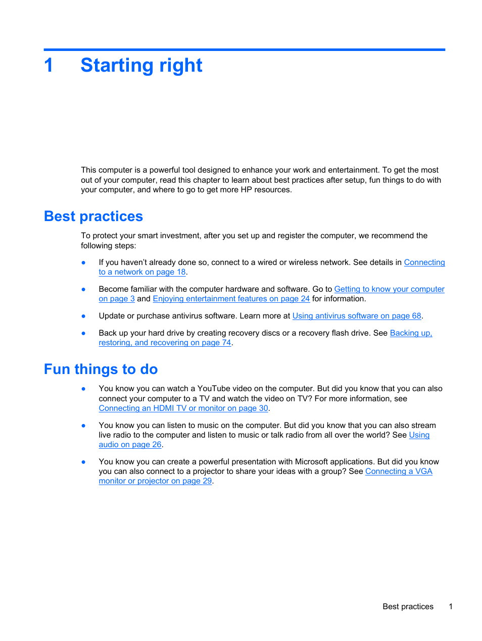 Starting right, Best practices, Fun things to do | 1 starting right, Best practices fun things to do, 1starting right | HP Pavilion dv6-7122he Entertainment Notebook PC User Manual | Page 11 / 104