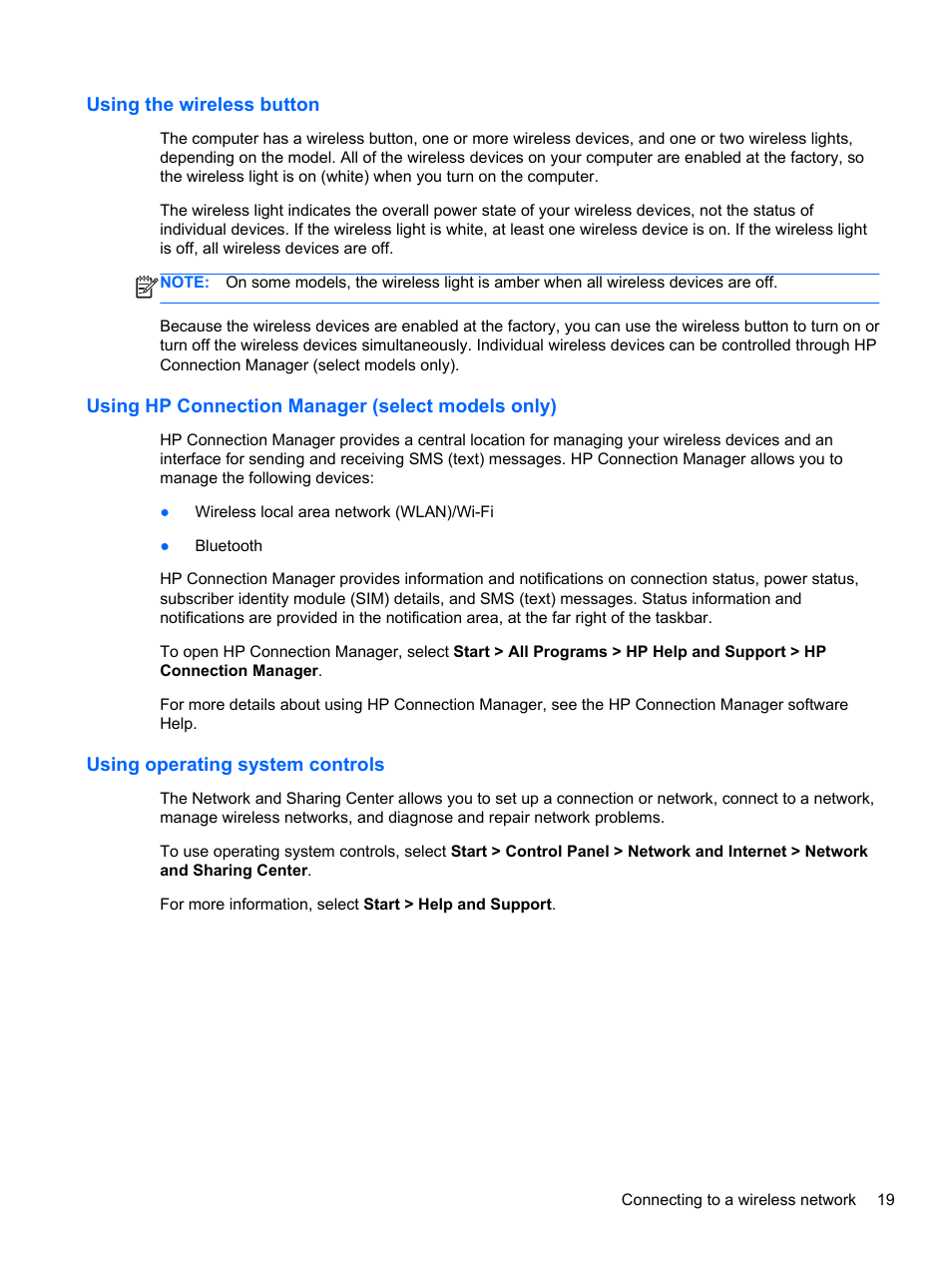 Using the wireless button, Using hp connection manager (select models only), Using operating system controls | HP Pavilion dv6-7122he Entertainment Notebook PC User Manual | Page 29 / 104