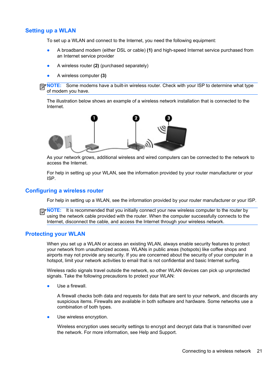 Setting up a wlan, Configuring a wireless router, Protecting your wlan | HP Pavilion dv6-7122he Entertainment Notebook PC User Manual | Page 31 / 104