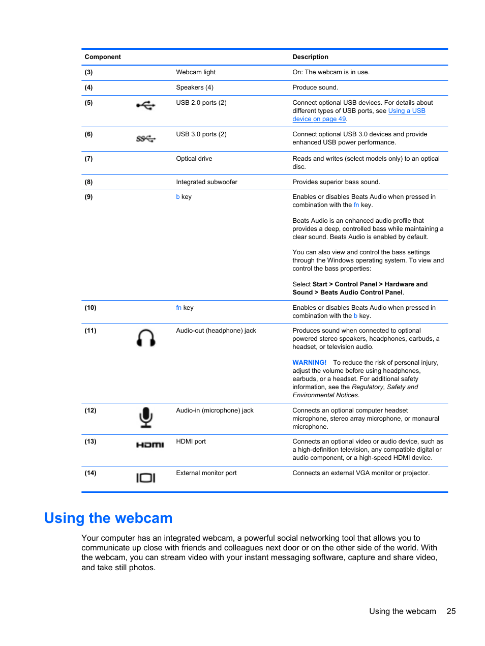 Using the webcam | HP Pavilion dv6-7122he Entertainment Notebook PC User Manual | Page 35 / 104