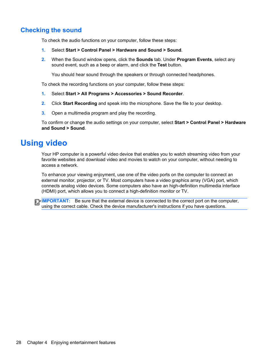 Checking the sound, Using video | HP Pavilion dv6-7122he Entertainment Notebook PC User Manual | Page 38 / 104