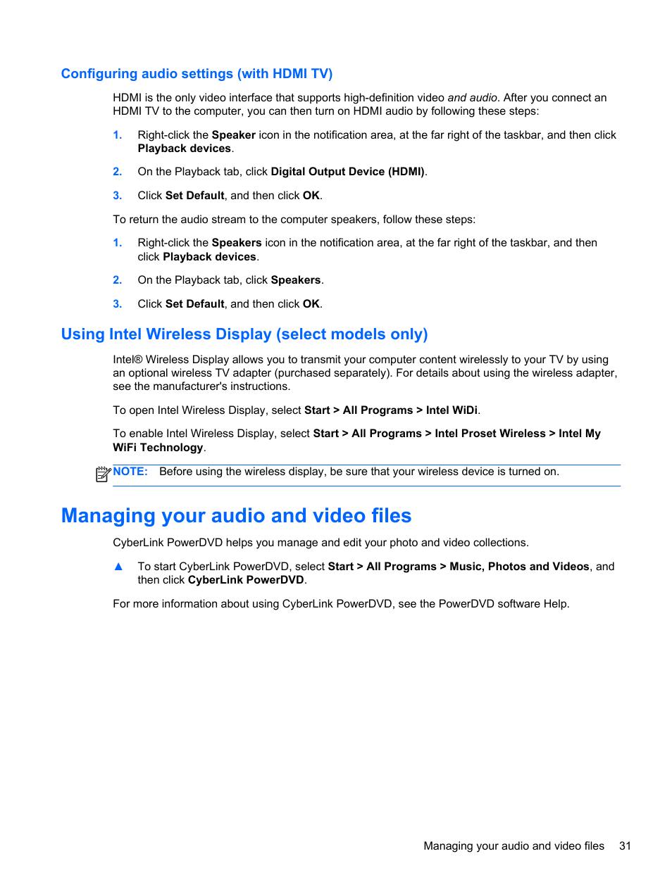 Configuring audio settings (with hdmi tv), Using intel wireless display (select models only), Managing your audio and video files | HP Pavilion dv6-7122he Entertainment Notebook PC User Manual | Page 41 / 104