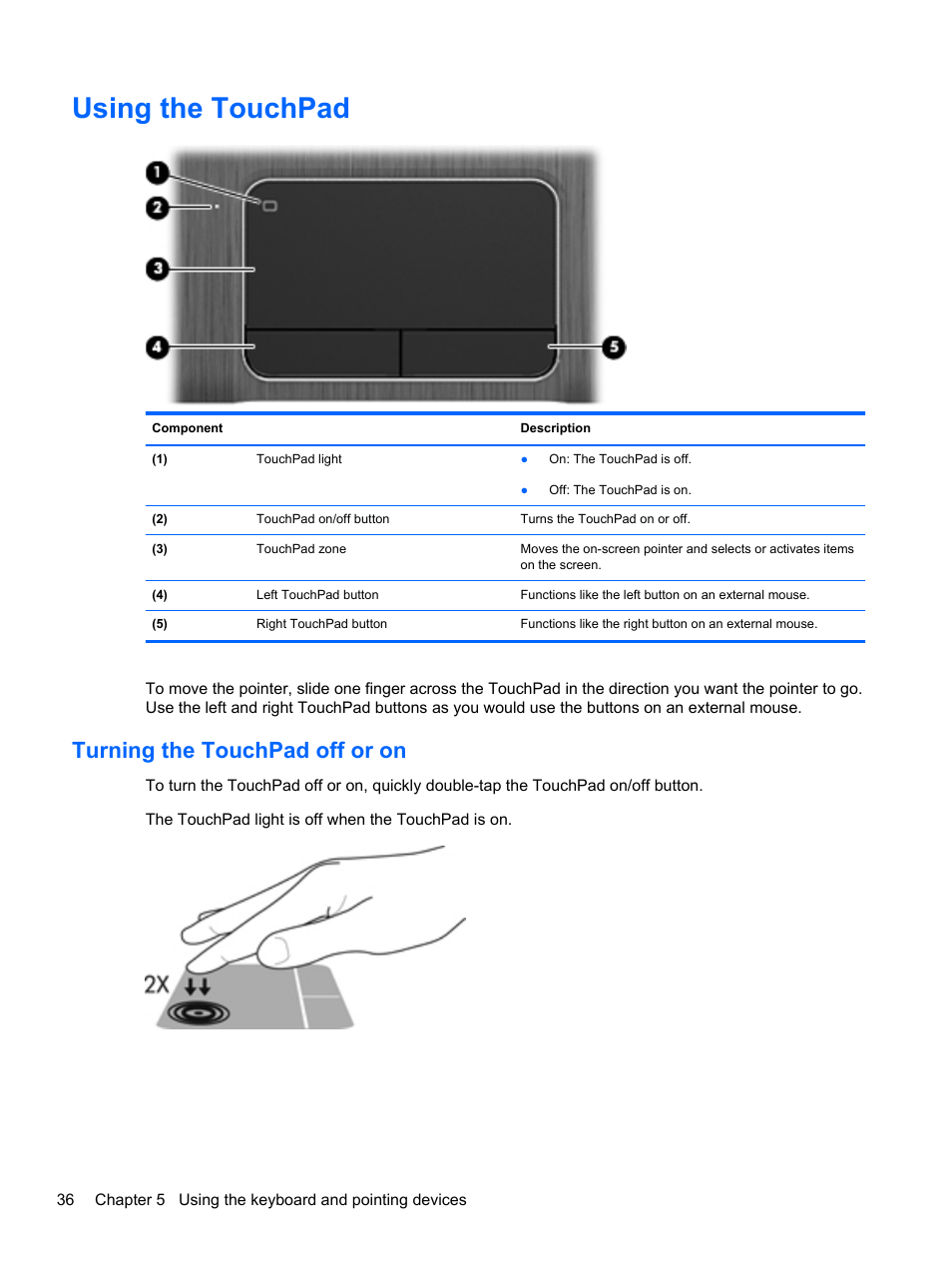 Using the touchpad, Turning the touchpad off or on | HP Pavilion dv6-7122he Entertainment Notebook PC User Manual | Page 46 / 104