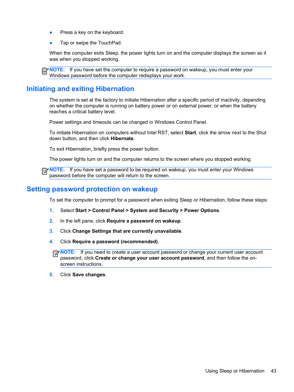 Initiating and exiting hibernation, Setting password protection on wakeup | HP Pavilion dv6-7122he Entertainment Notebook PC User Manual | Page 53 / 104