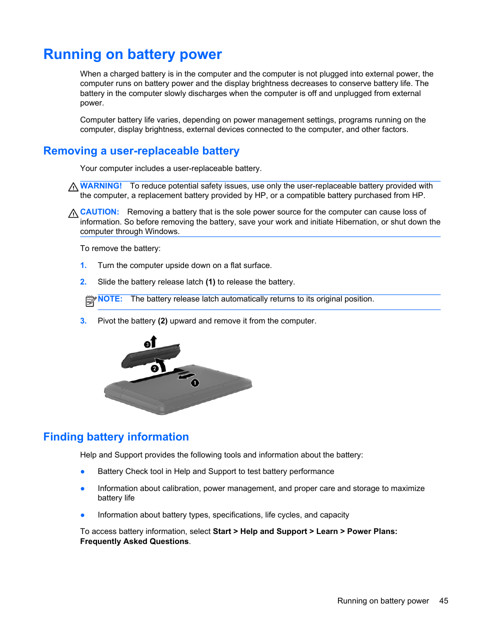 Running on battery power, Removing a user-replaceable battery, Finding battery information | HP Pavilion dv6-7122he Entertainment Notebook PC User Manual | Page 55 / 104