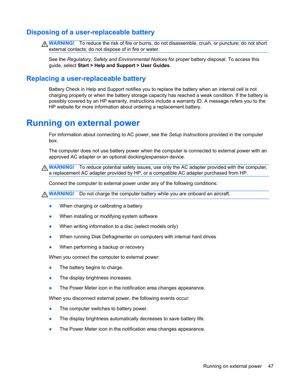 Disposing of a user-replaceable battery, Replacing a user-replaceable battery, Running on external power | HP Pavilion dv6-7122he Entertainment Notebook PC User Manual | Page 57 / 104