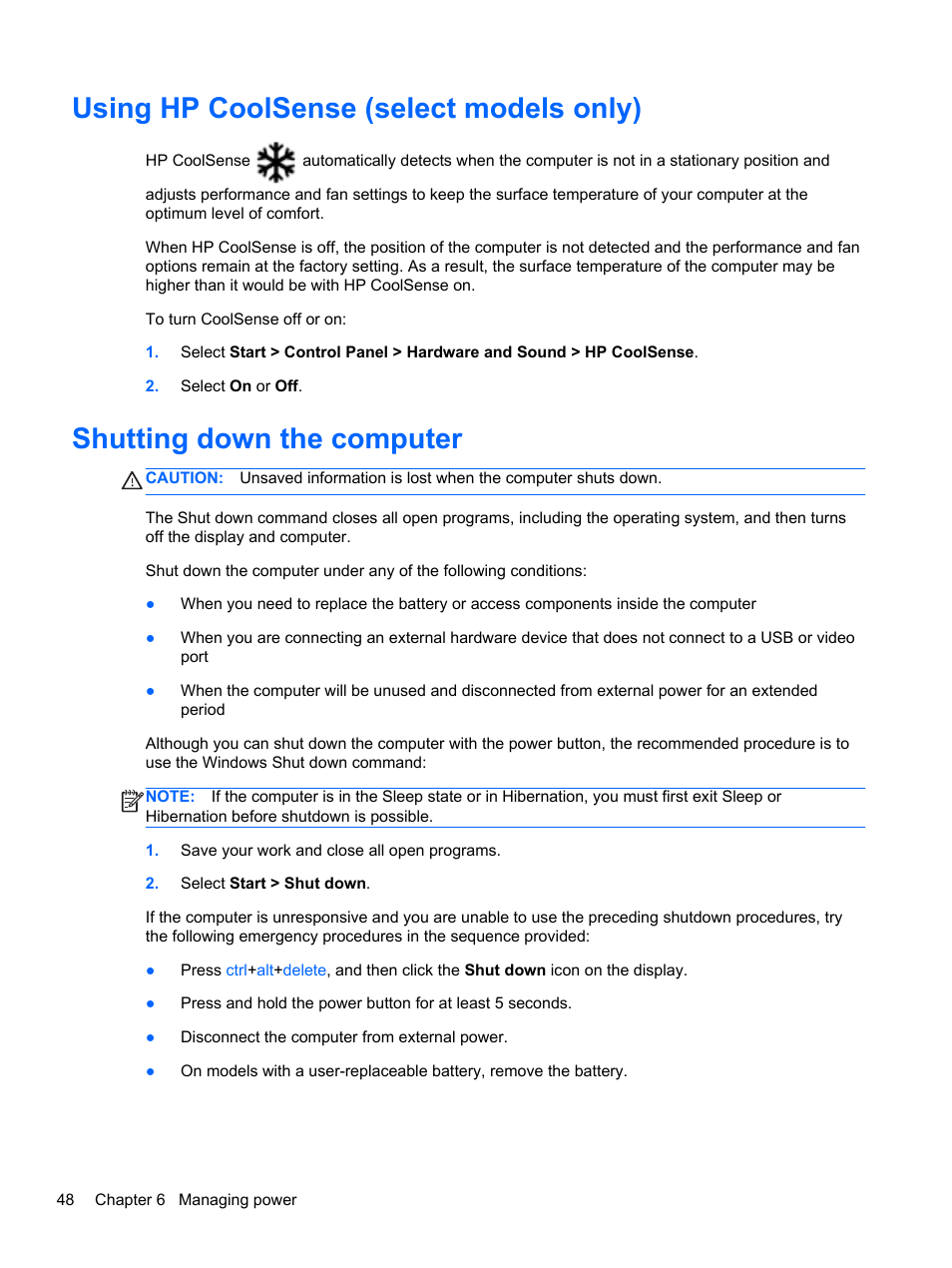Using hp coolsense (select models only), Shutting down the computer | HP Pavilion dv6-7122he Entertainment Notebook PC User Manual | Page 58 / 104