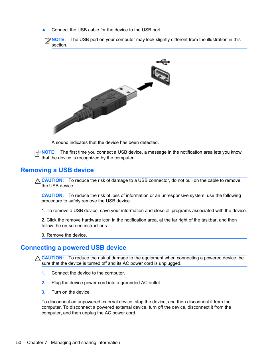 Removing a usb device, Connecting a powered usb device | HP Pavilion dv6-7122he Entertainment Notebook PC User Manual | Page 60 / 104