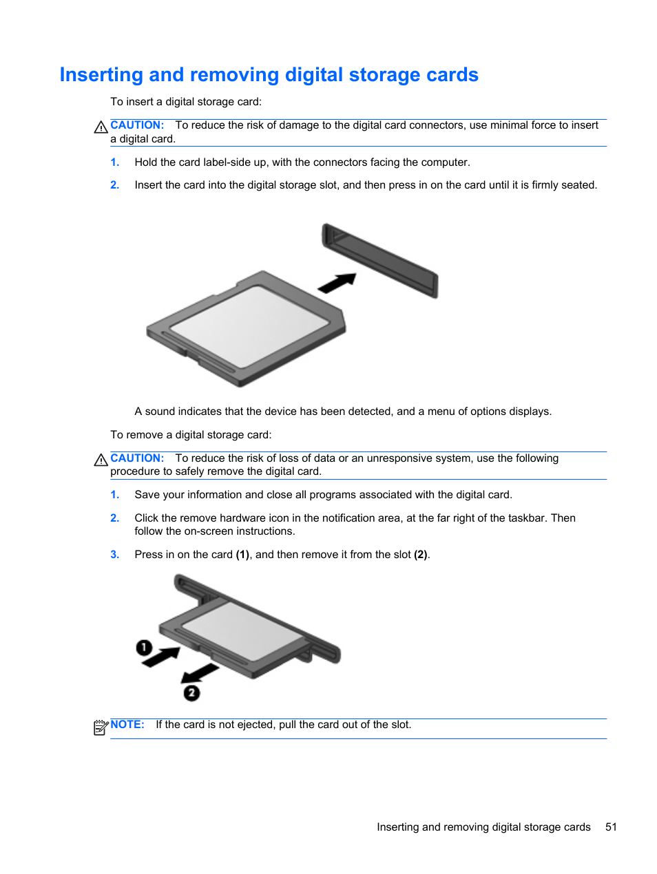 Inserting and removing digital storage cards | HP Pavilion dv6-7122he Entertainment Notebook PC User Manual | Page 61 / 104