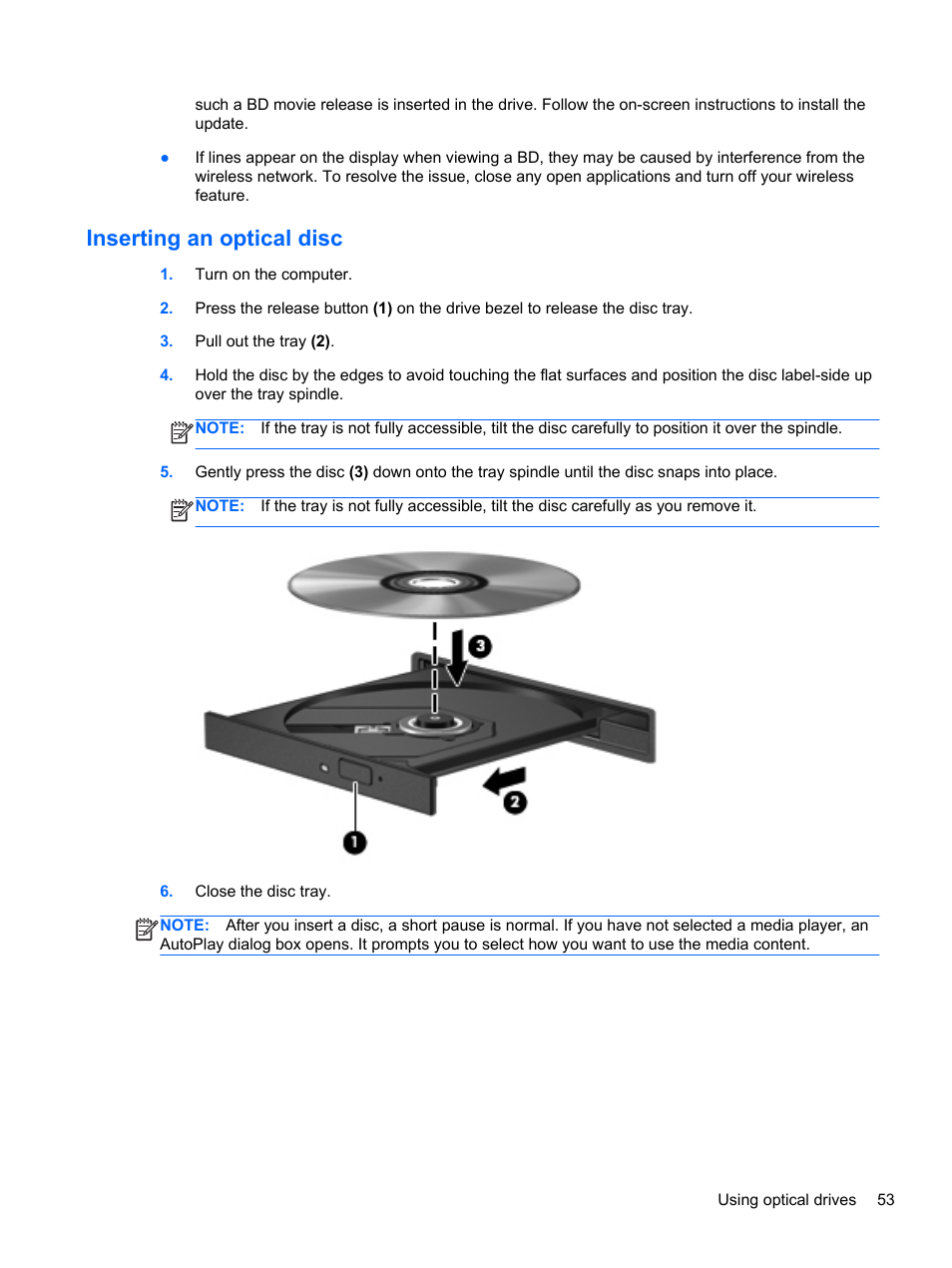 Inserting an optical disc | HP Pavilion dv6-7122he Entertainment Notebook PC User Manual | Page 63 / 104