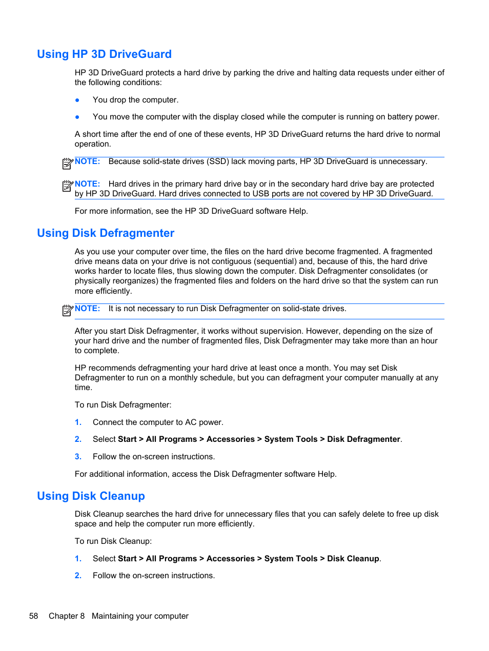 Using hp 3d driveguard, Using disk defragmenter, Using disk cleanup | HP Pavilion dv6-7122he Entertainment Notebook PC User Manual | Page 68 / 104