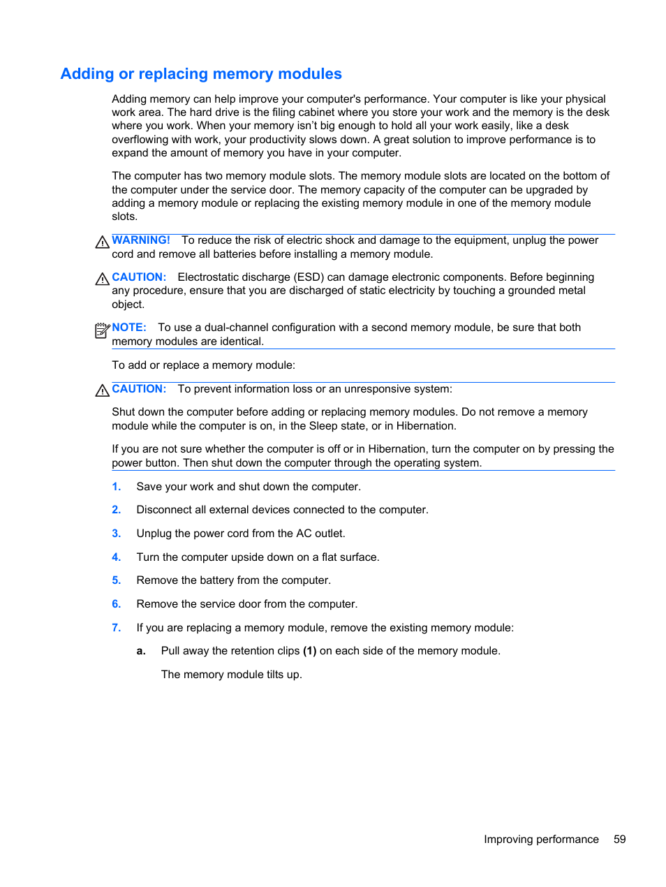 Adding or replacing memory modules | HP Pavilion dv6-7122he Entertainment Notebook PC User Manual | Page 69 / 104