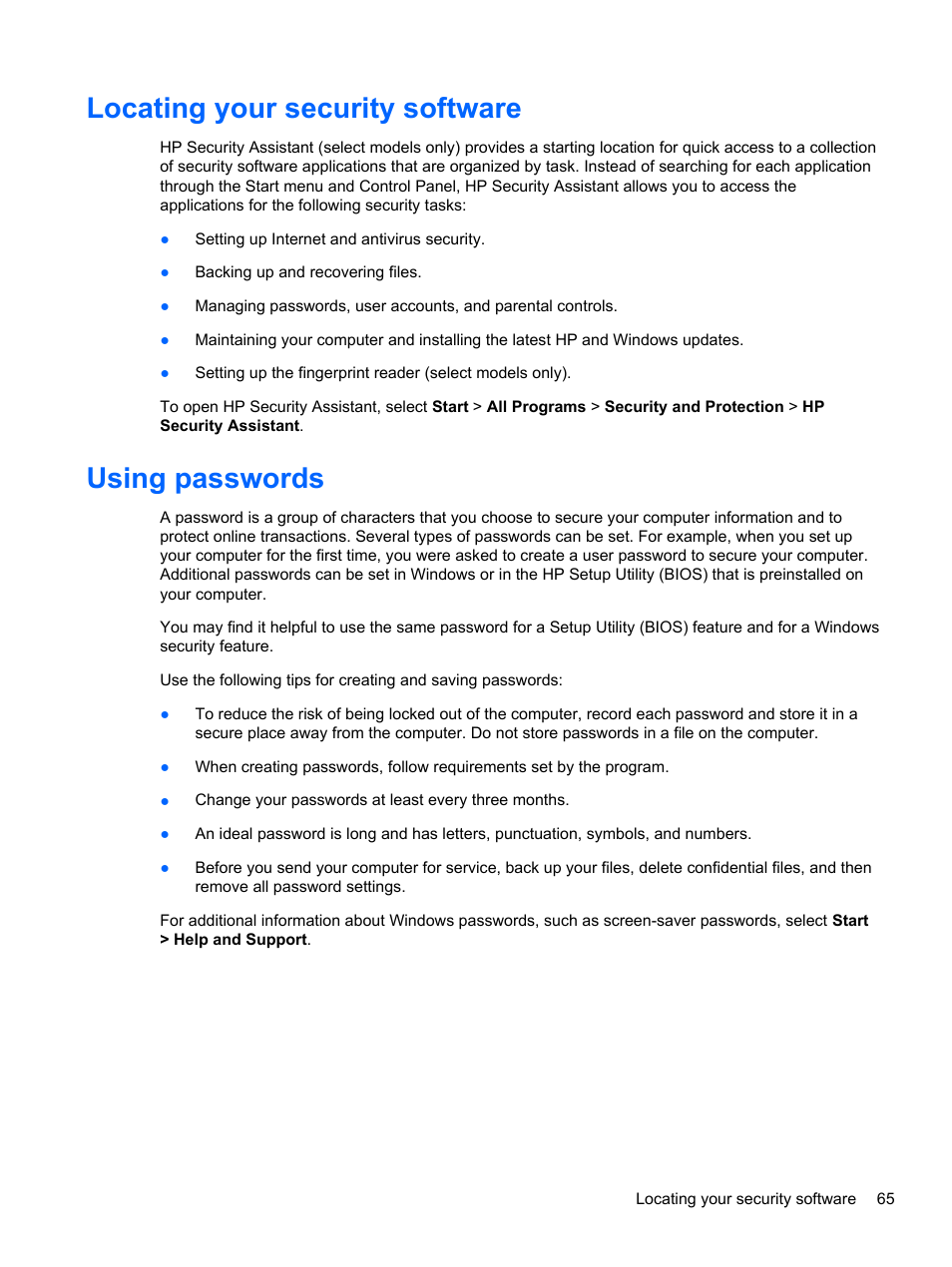 Locating your security software, Using passwords, Locating your security software using passwords | HP Pavilion dv6-7122he Entertainment Notebook PC User Manual | Page 75 / 104