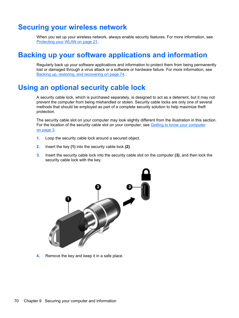 Securing your wireless network, Using an optional security cable lock | HP Pavilion dv6-7122he Entertainment Notebook PC User Manual | Page 80 / 104