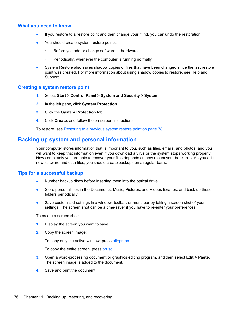 What you need to know, Creating a system restore point, Backing up system and personal information | Tips for a successful backup | HP Pavilion dv6-7122he Entertainment Notebook PC User Manual | Page 86 / 104