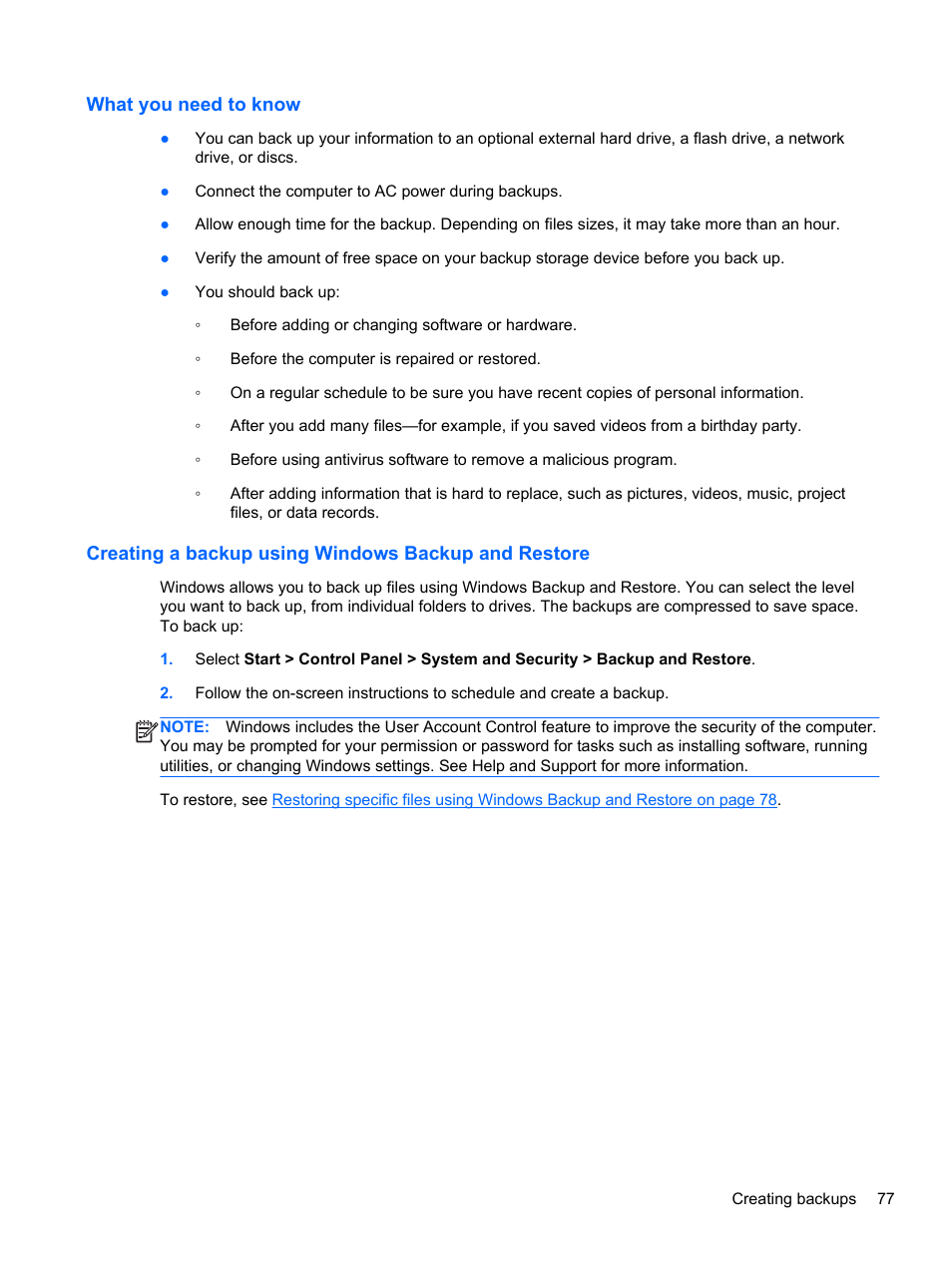 What you need to know, Creating a backup using windows backup and restore | HP Pavilion dv6-7122he Entertainment Notebook PC User Manual | Page 87 / 104