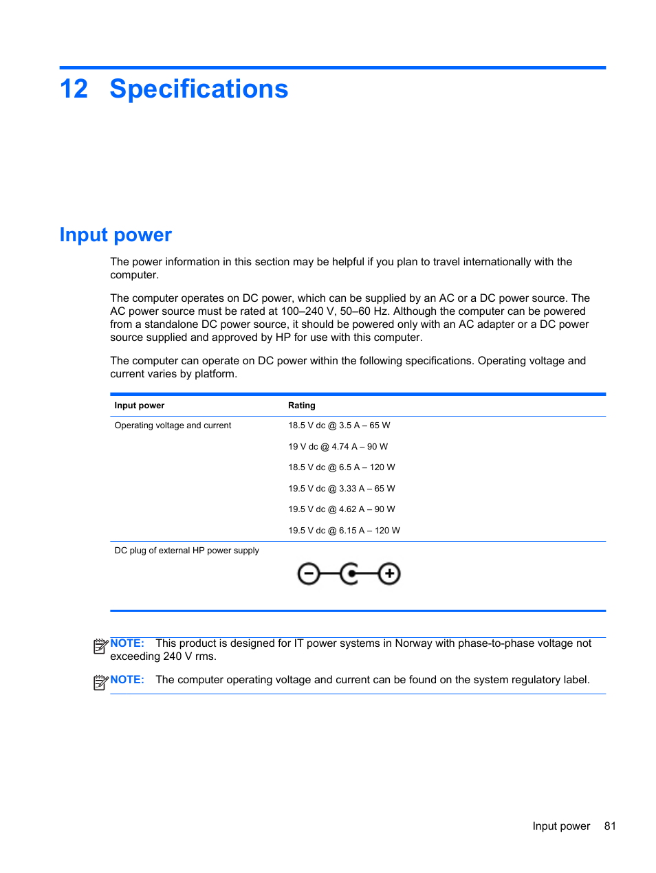 Specifications, Input power, 12 specifications | HP Pavilion dv6-7122he Entertainment Notebook PC User Manual | Page 91 / 104