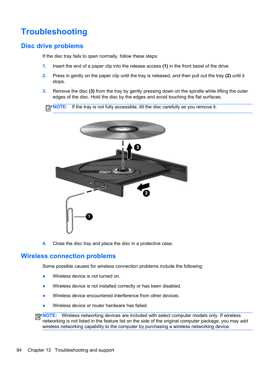 Troubleshooting, Disc drive problems, Wireless connection problems | Disc drive problems wireless connection problems | HP Pavilion dv6-7122he Entertainment Notebook PC User Manual | Page 94 / 104