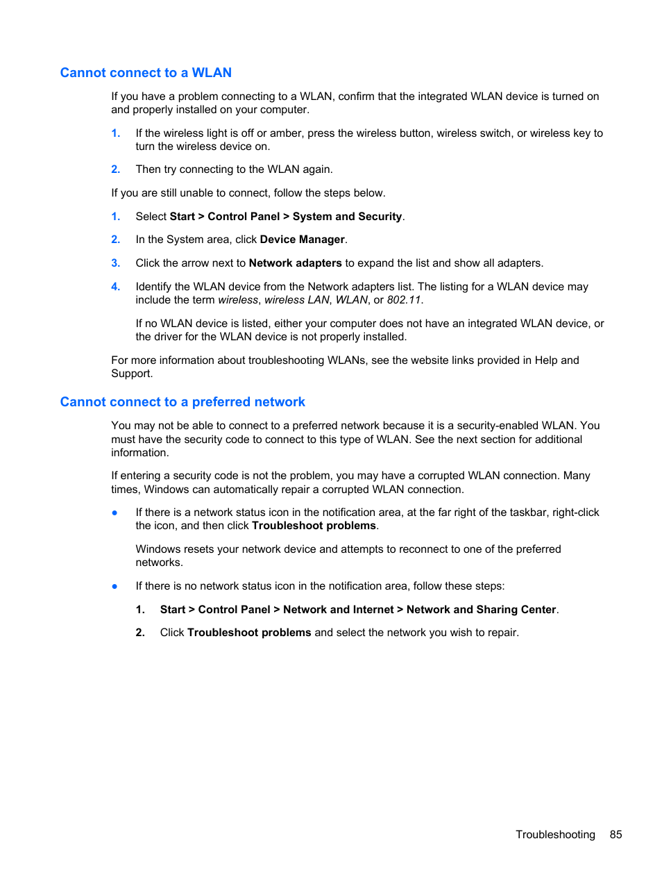 Cannot connect to a wlan, Cannot connect to a preferred network | HP Pavilion dv6-7122he Entertainment Notebook PC User Manual | Page 95 / 104