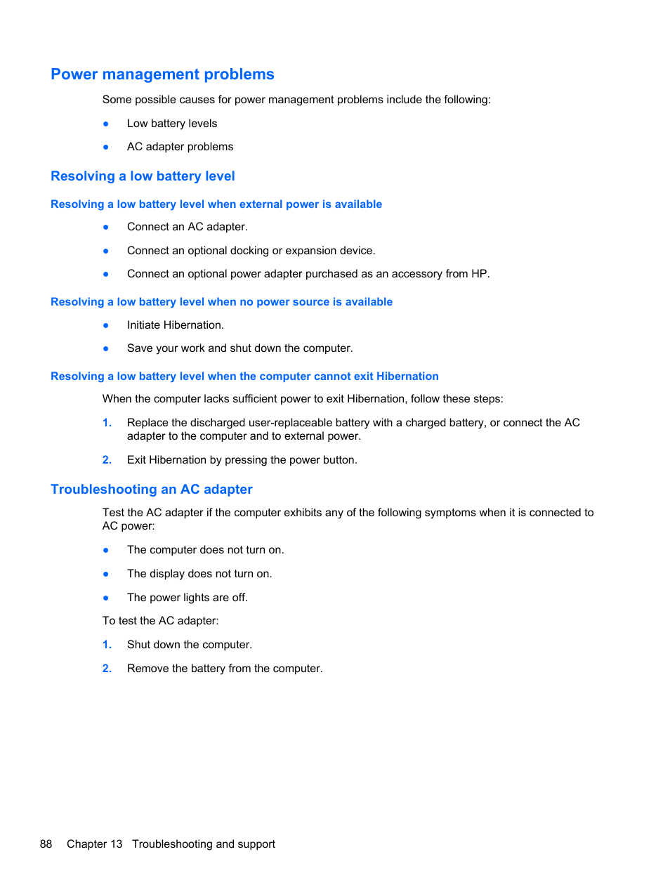 Power management problems, Resolving a low battery level, Troubleshooting an ac adapter | HP Pavilion dv6-7122he Entertainment Notebook PC User Manual | Page 98 / 104