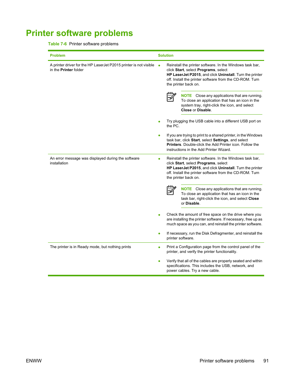 Printer software problems, Printer software, Problems | HP LaserJet P2015 User Manual | Page 101 / 158
