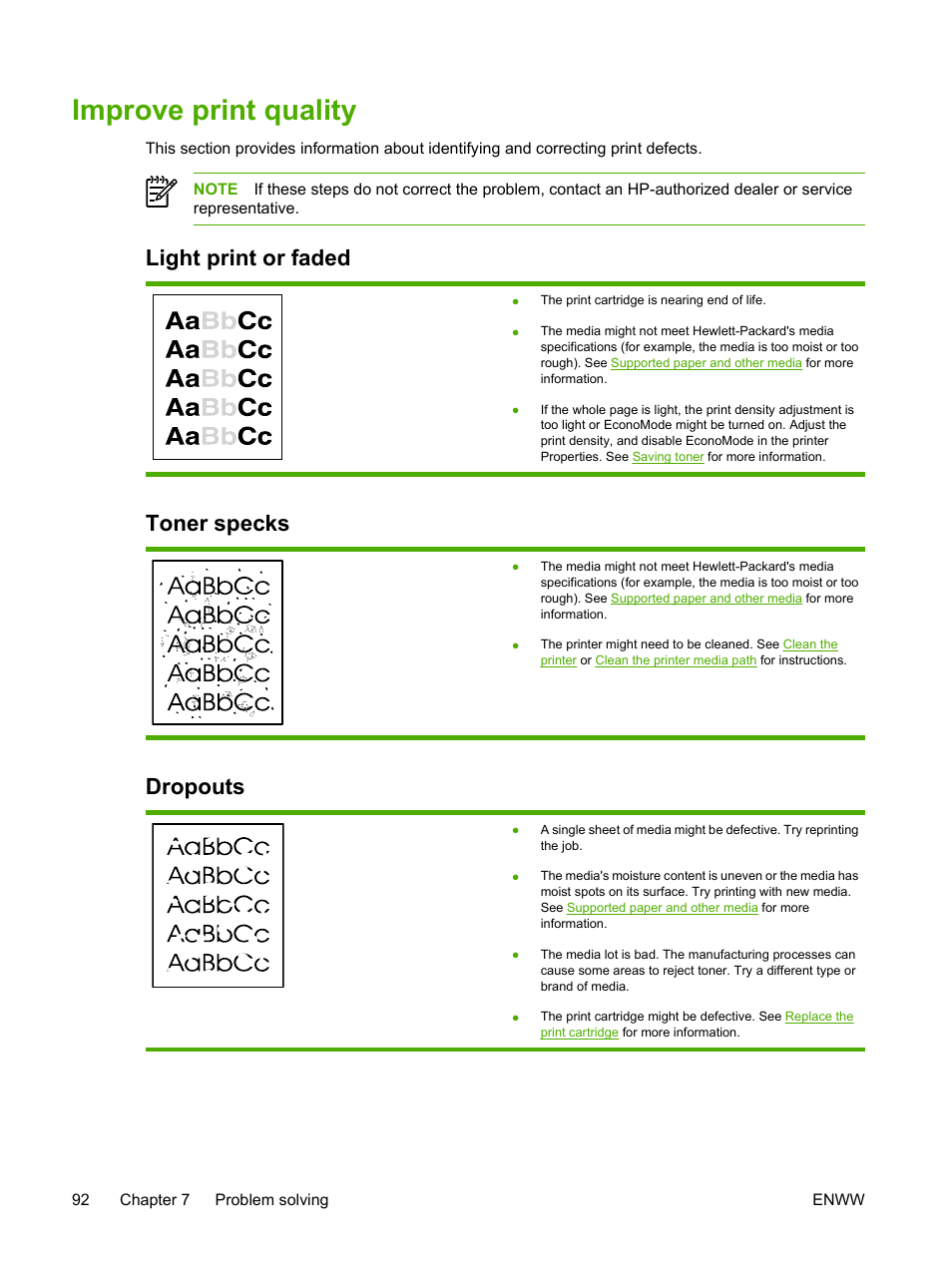 Improve print quality, Light print or faded, Toner specks | Dropouts, Toner specks dropouts | HP LaserJet P2015 User Manual | Page 102 / 158