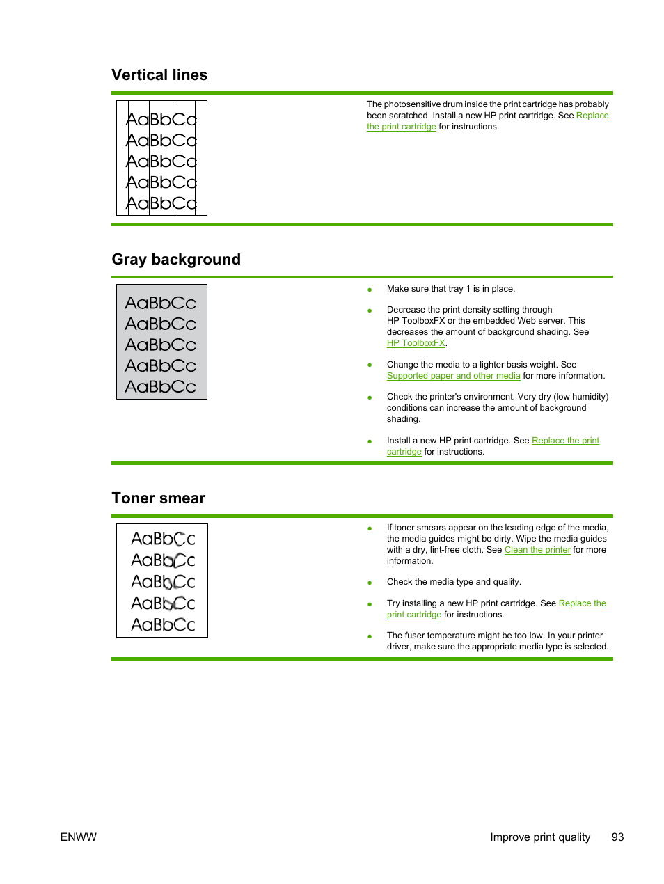 Vertical lines, Gray background, Toner smear | Vertical lines gray background toner smear | HP LaserJet P2015 User Manual | Page 103 / 158