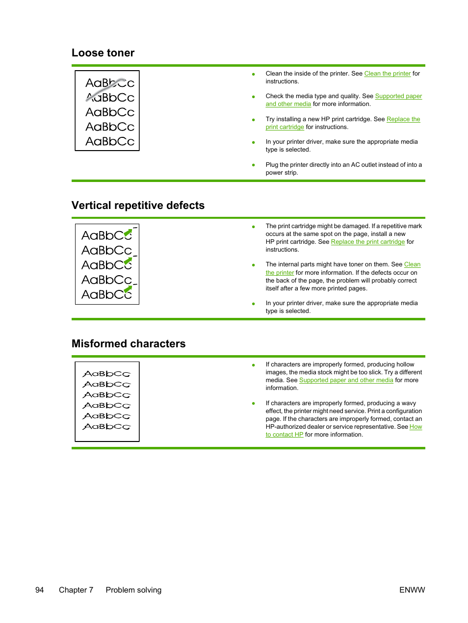 Loose toner, Vertical repetitive defects, Misformed characters | HP LaserJet P2015 User Manual | Page 104 / 158