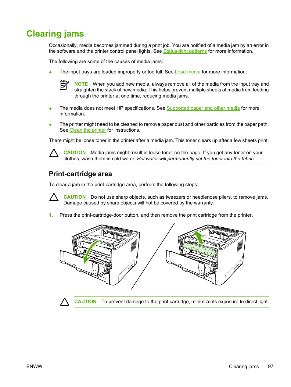 Clearing jams, Print-cartridge area | HP LaserJet P2015 User Manual | Page 107 / 158