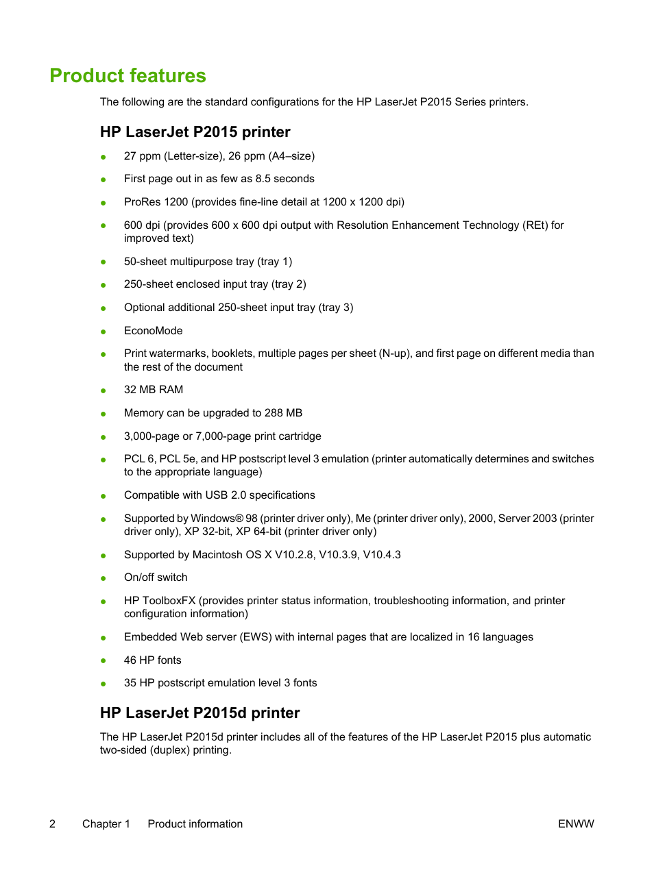 Product features, Hp laserjet p2015 printer, Hp laserjet p2015d printer | HP LaserJet P2015 User Manual | Page 12 / 158