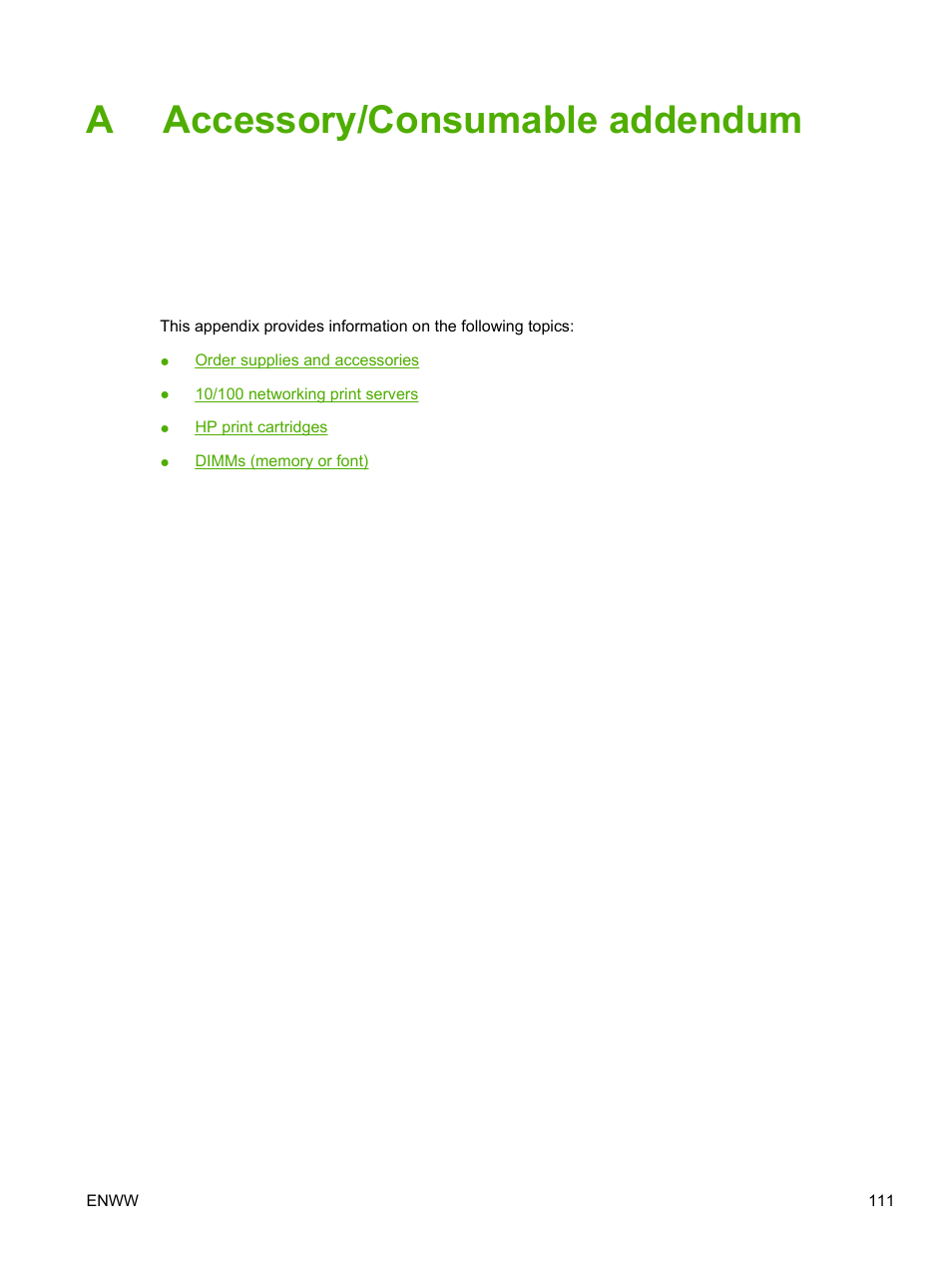 Accessory/consumable addendum, Appendix a accessory/consumable addendum, Aaccessory/consumable addendum | HP LaserJet P2015 User Manual | Page 121 / 158