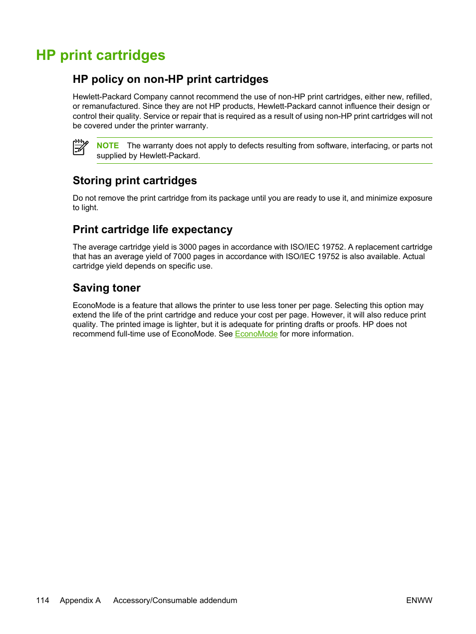 Hp print cartridges, Hp policy on non-hp print cartridges, Storing print cartridges | Print cartridge life expectancy, Saving toner | HP LaserJet P2015 User Manual | Page 124 / 158