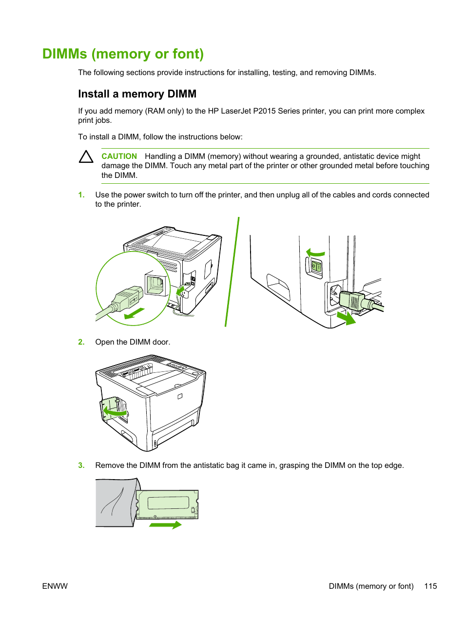 Dimms (memory or font), Install a memory dimm | HP LaserJet P2015 User Manual | Page 125 / 158