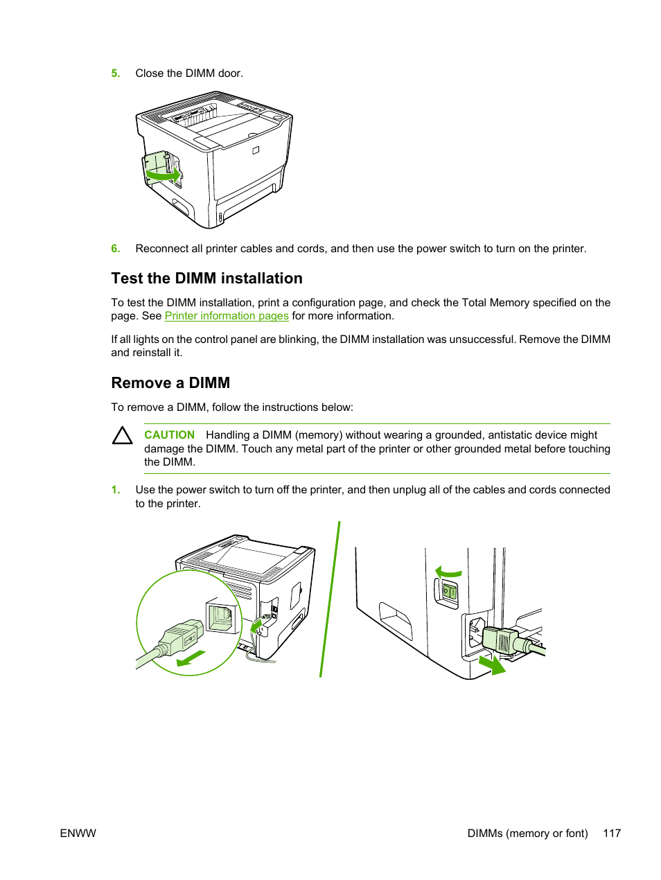Test the dimm installation, Remove a dimm, Test the dimm installation remove a dimm | HP LaserJet P2015 User Manual | Page 127 / 158