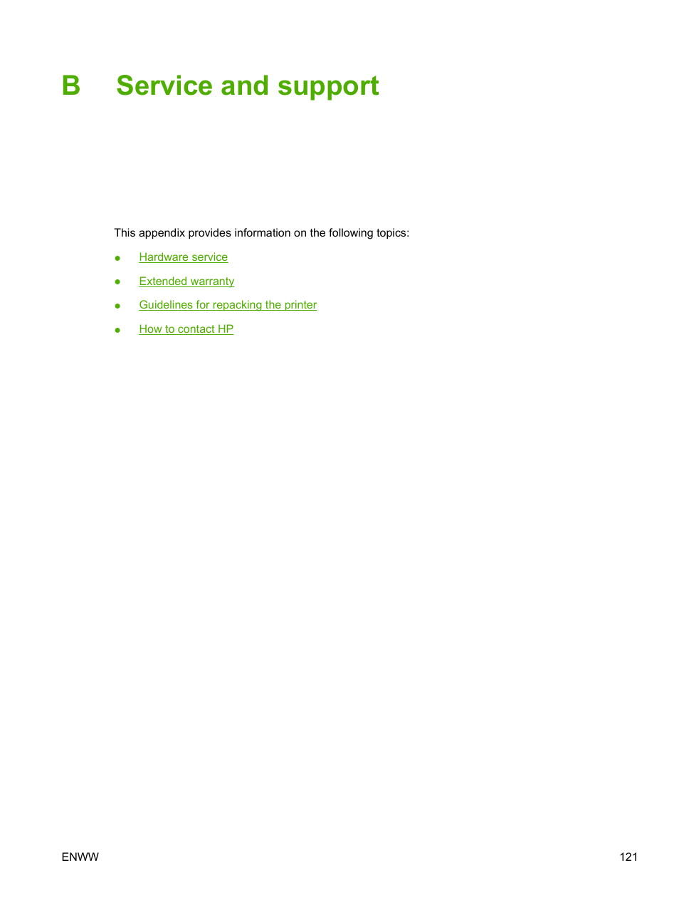 Service and support, Appendix b service and support, Bservice and support | HP LaserJet P2015 User Manual | Page 131 / 158