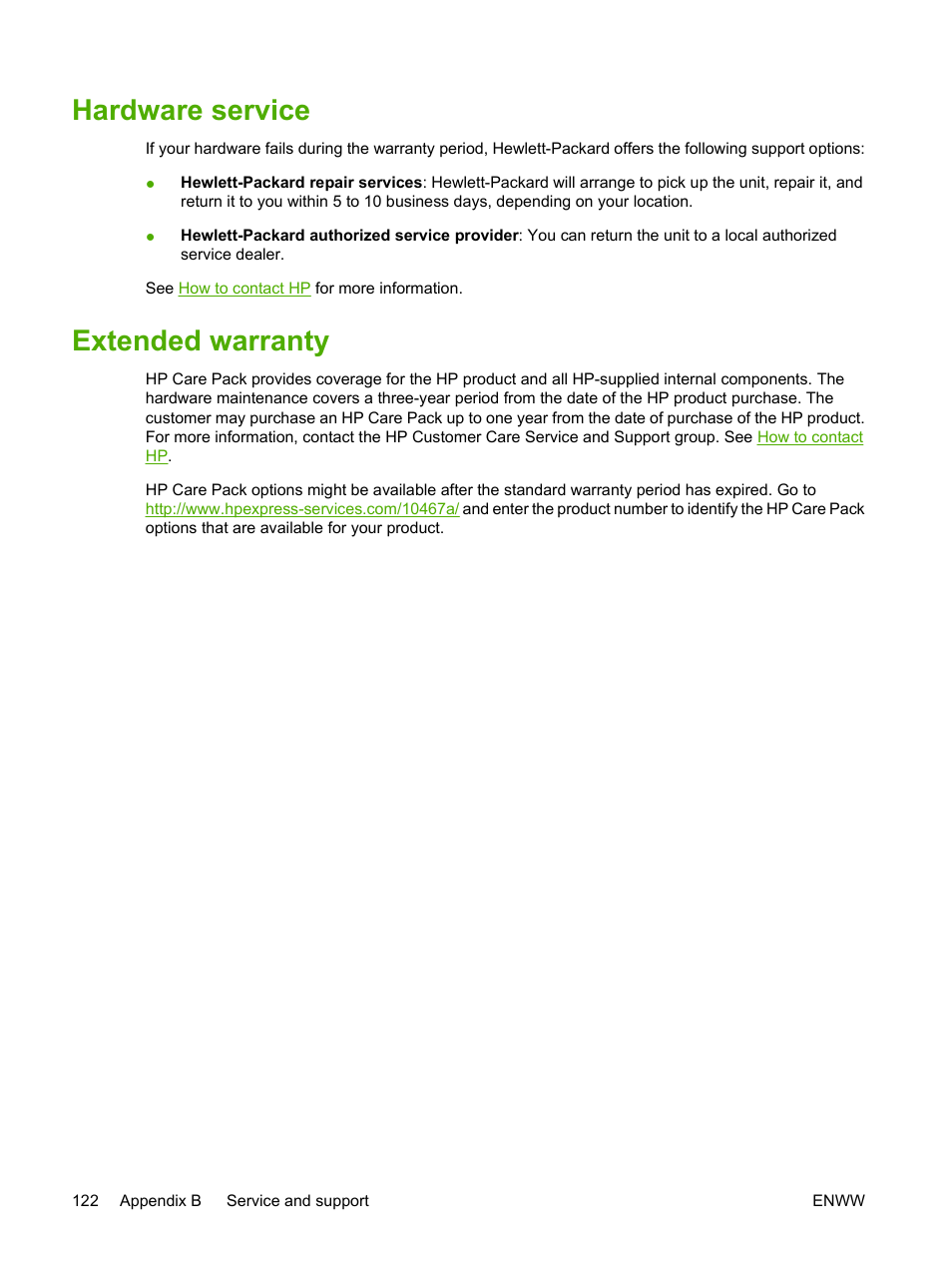 Hardware service, Extended warranty, Hardware service extended warranty | HP LaserJet P2015 User Manual | Page 132 / 158